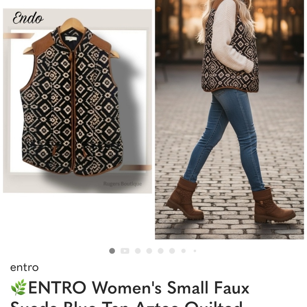 🌿ENTRO Women's Small Faux Suede Blue Tan Aztec Quilted Zipper Vest